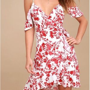 Lulu's Garden Blooms Red Wrap Off-Shoulder Dress